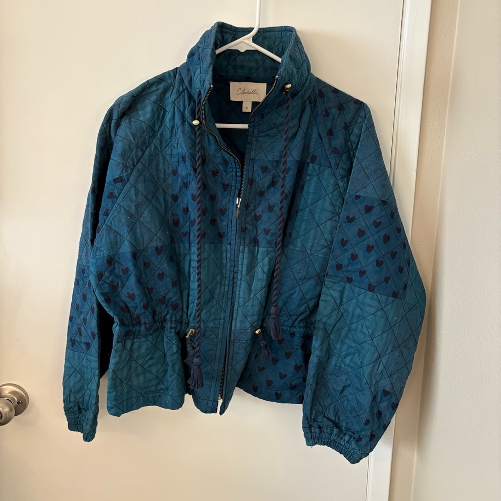 Cleobella Teal Quilted Bomber Jacket with Heart Print